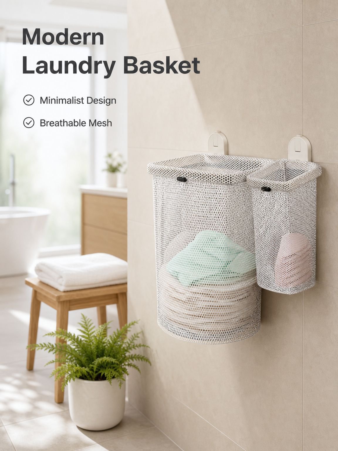 Double suction cup laundry basket, wall-mounted, no-drill, foldable, breathable, suitable for bathro