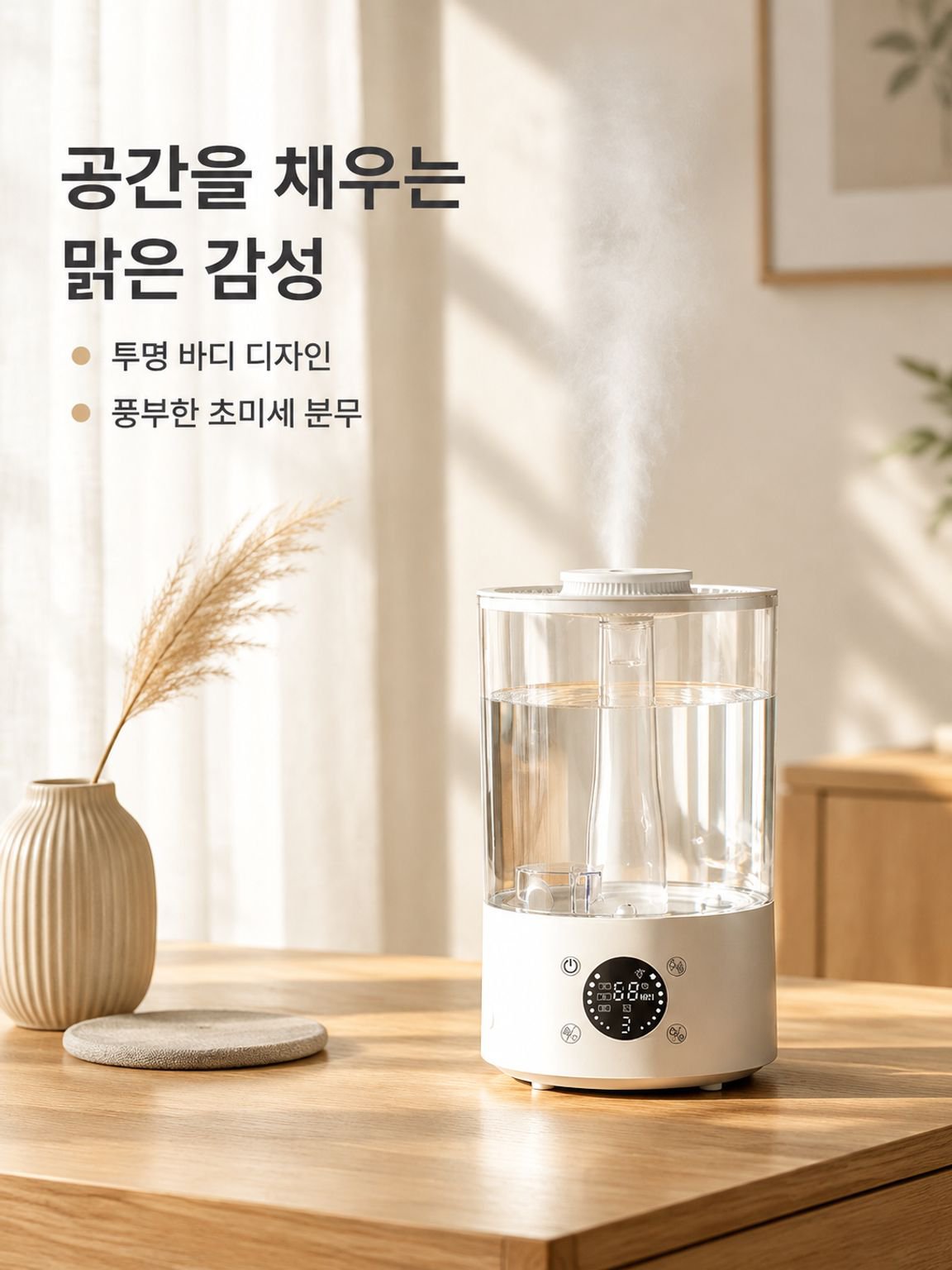 가정용 침실·거실용 투명 데스크탑 가습기, 저소음 수분 보충 대용량 분무 가습기