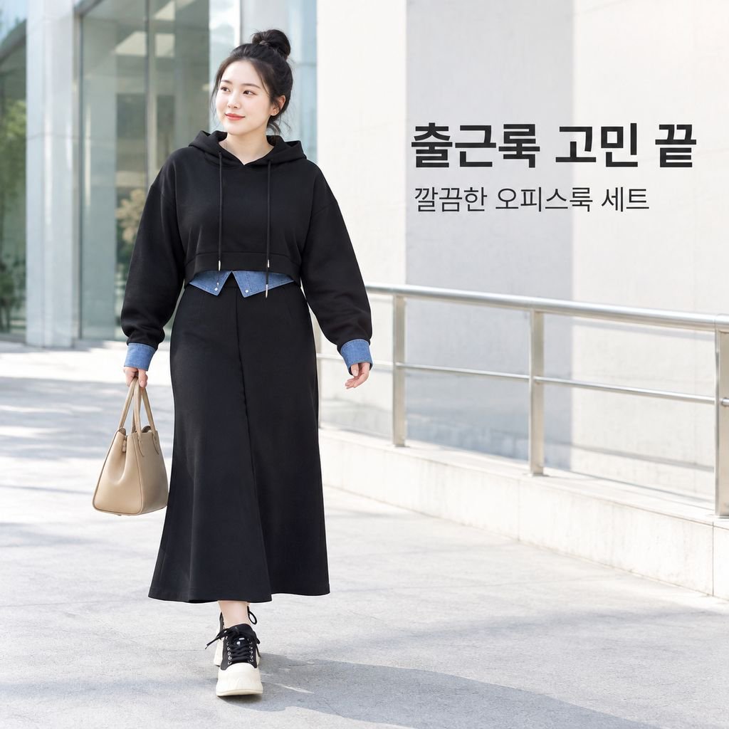 빅사이즈 여성 가을 후드 세트패션 트렌디한 날씬해 보이는 미디스커트 투피스