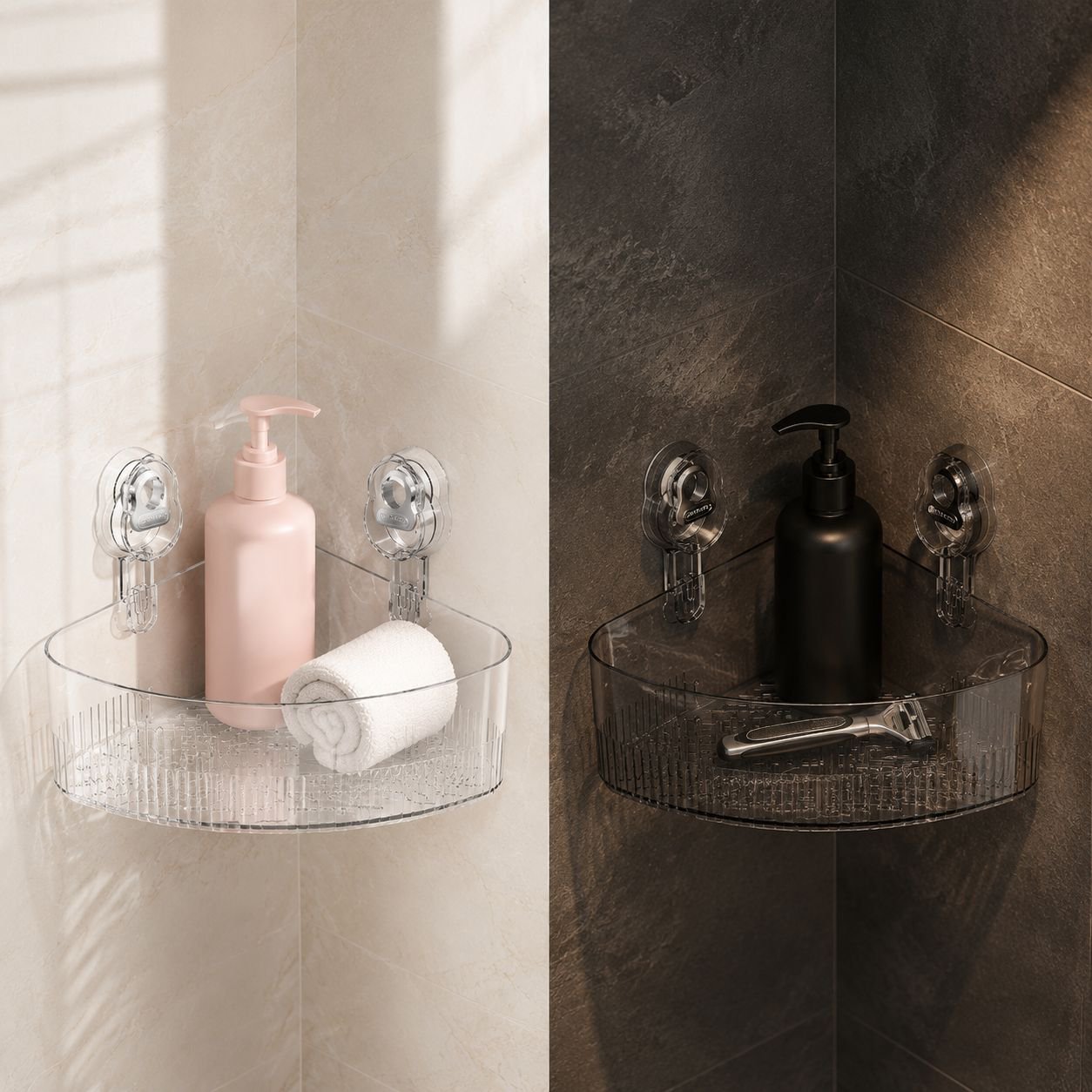 Durable suction cup storage rack holding toiletries