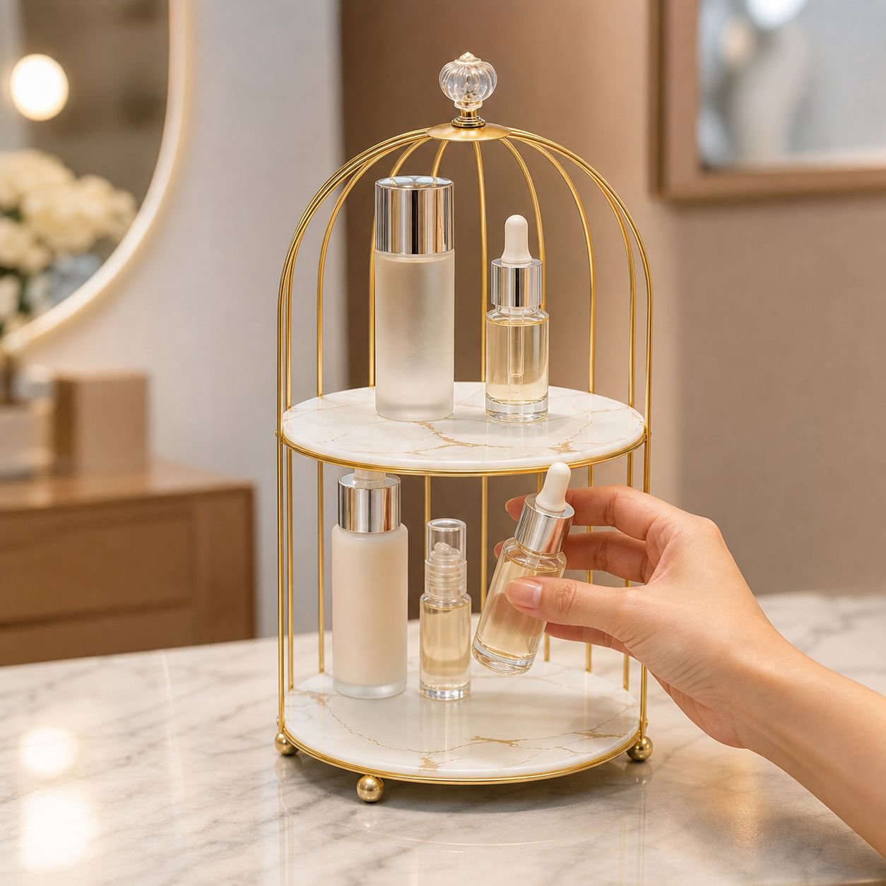 Iron Birdcage Desktop Organizer Cosmetic Storage Shelf