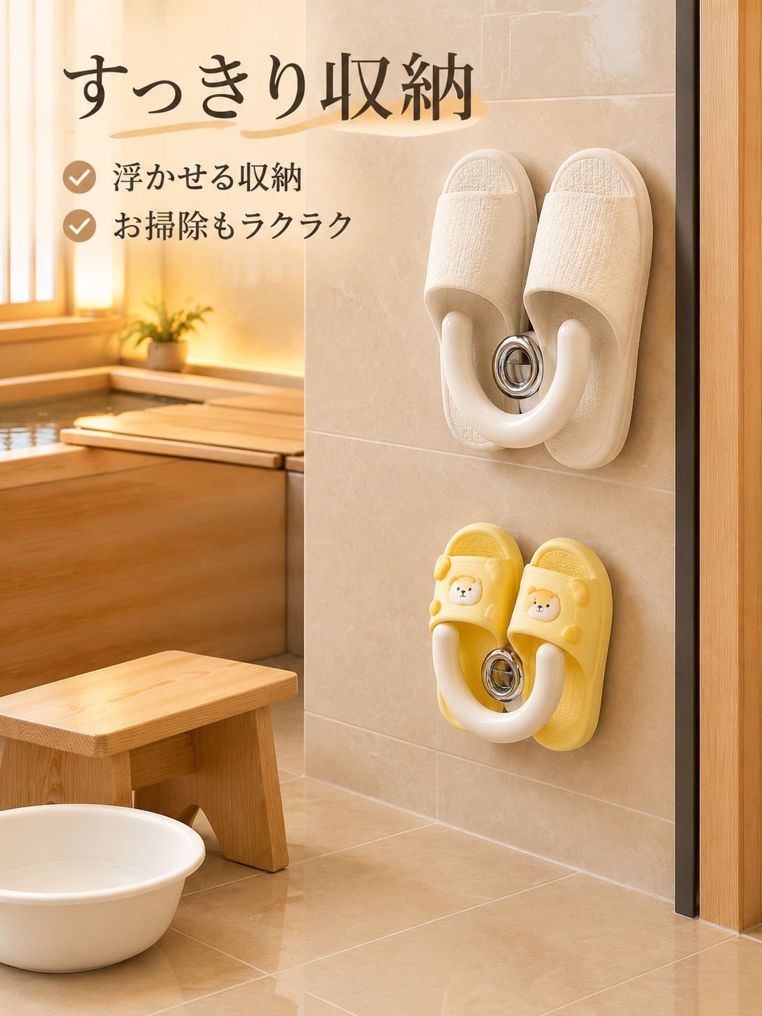 穴あけ不要 吸盤式バスルームスリッパラック