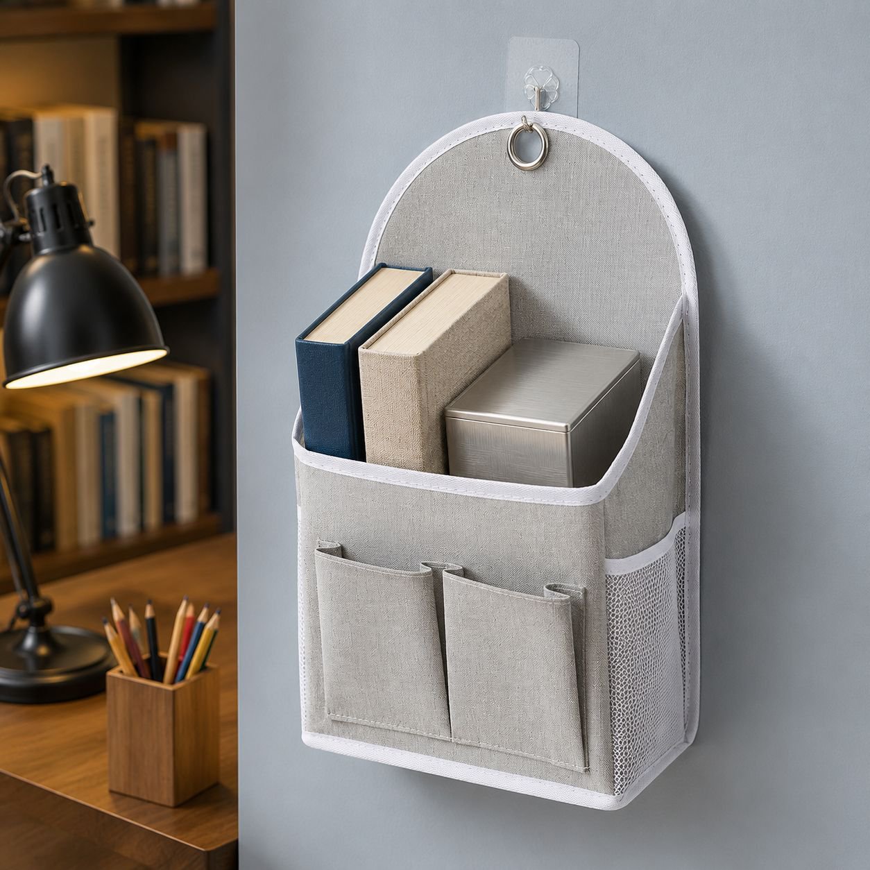 Burlap wall hanging storage for kitchen utensils
