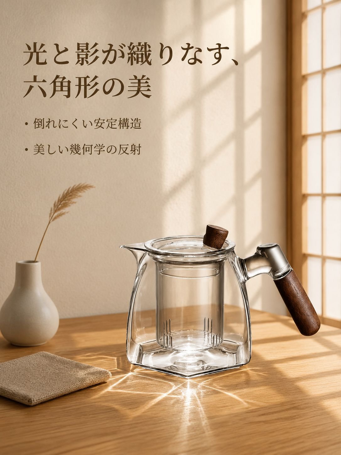 ガラス製の六角形ティーポット