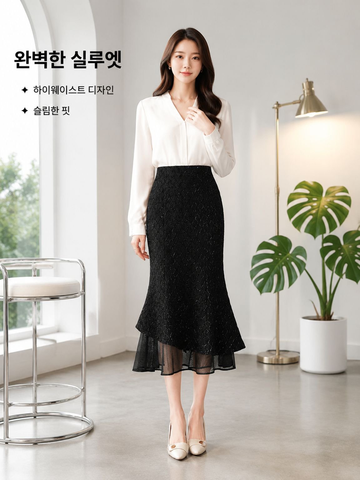 반짝이는 하이웨이스트 슬림 샤넬풍 머메이드 스커트