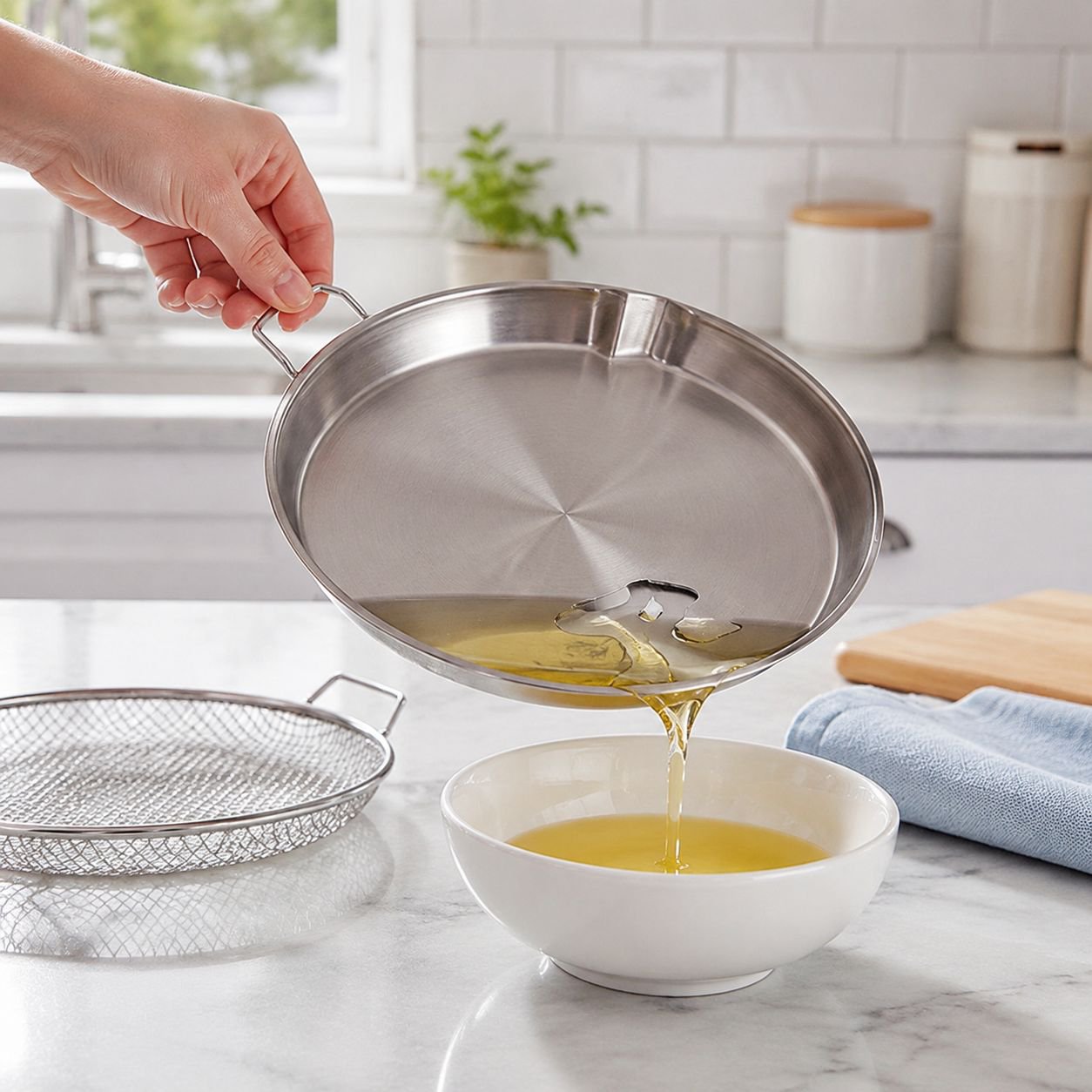 Kitchen use of JMY oil strainer filtering fried food