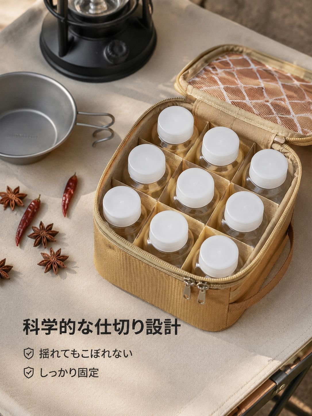 キャンプ用調味料収納ボックス・持ち運び便利な調味料ボトルセット