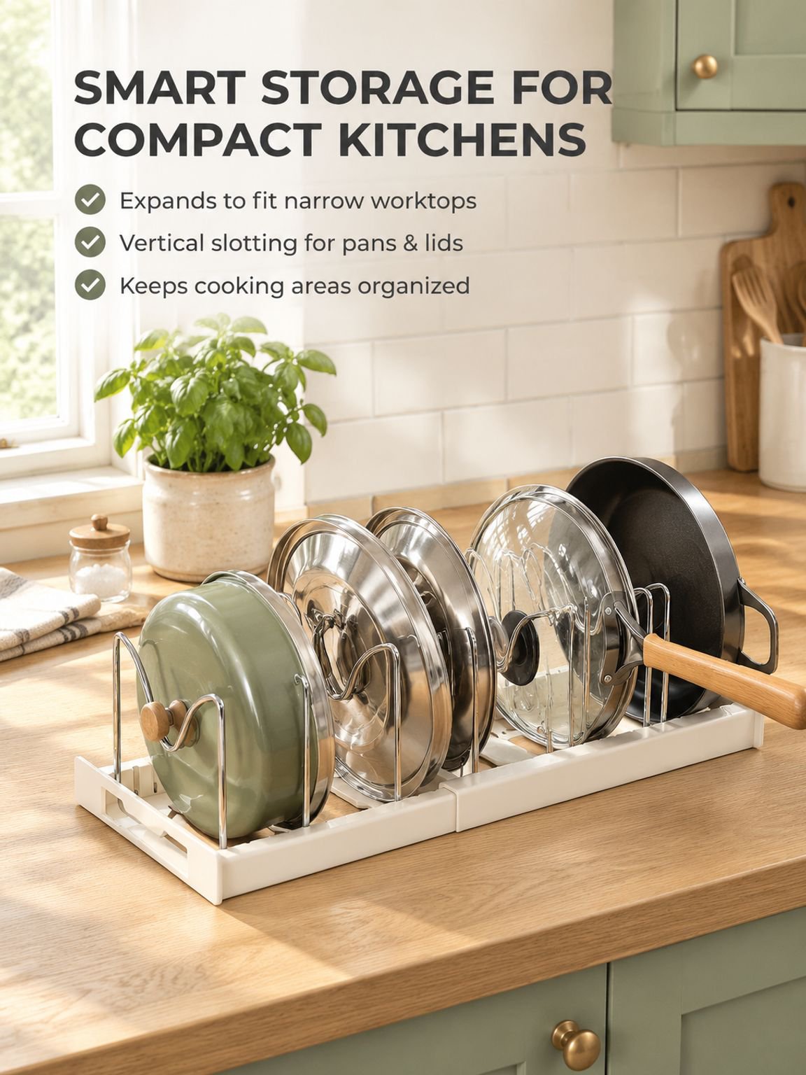 Adjustable expandable stainless steel rack organizing pot lids in a kitchen cabinet