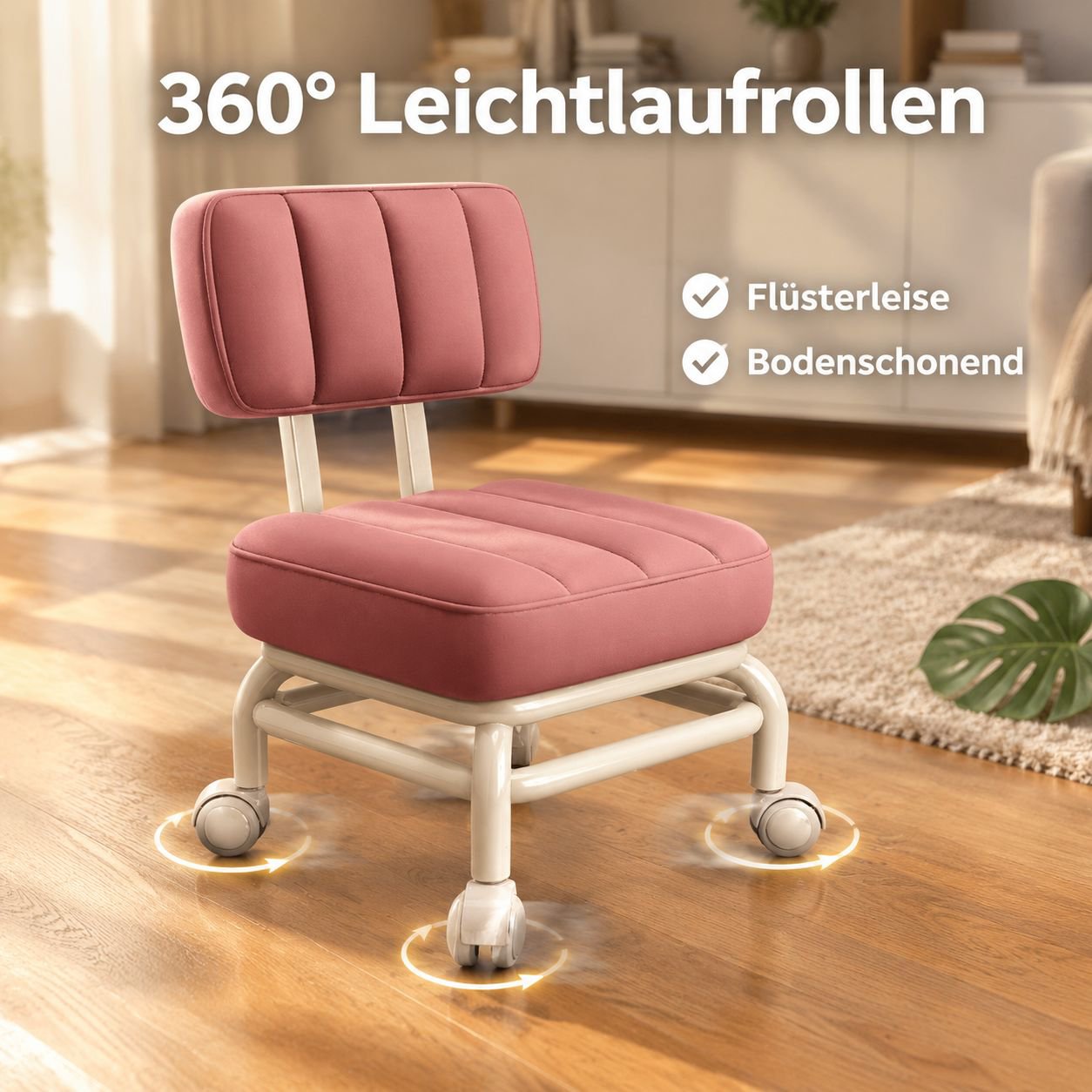 Multifunktionaler weicher Hocker mit Rückenlehne und Rollen für Zuhause