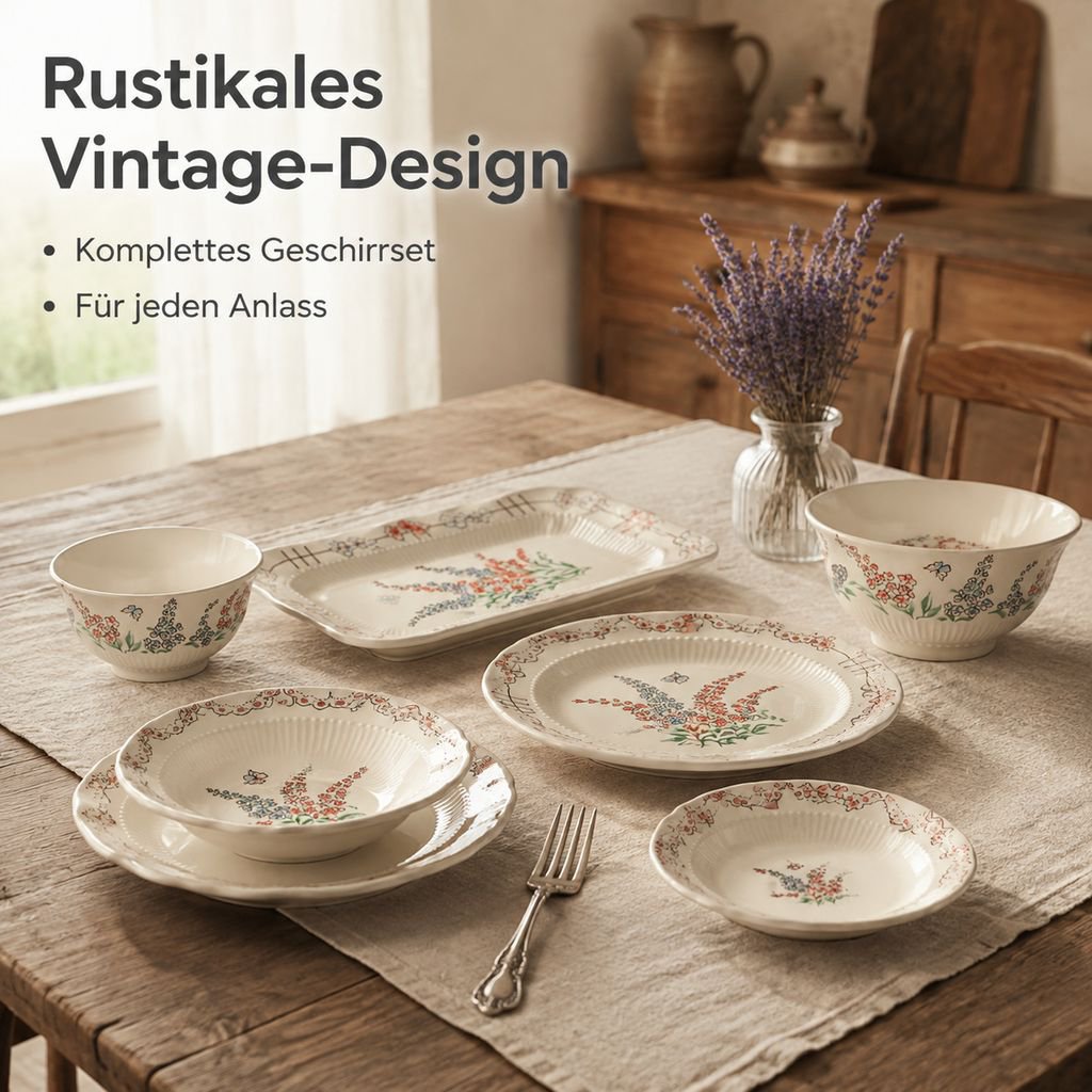 Keramik-Geschirrset im rustikalen Vintage-Landhausstil mit Unterglasurdekoration