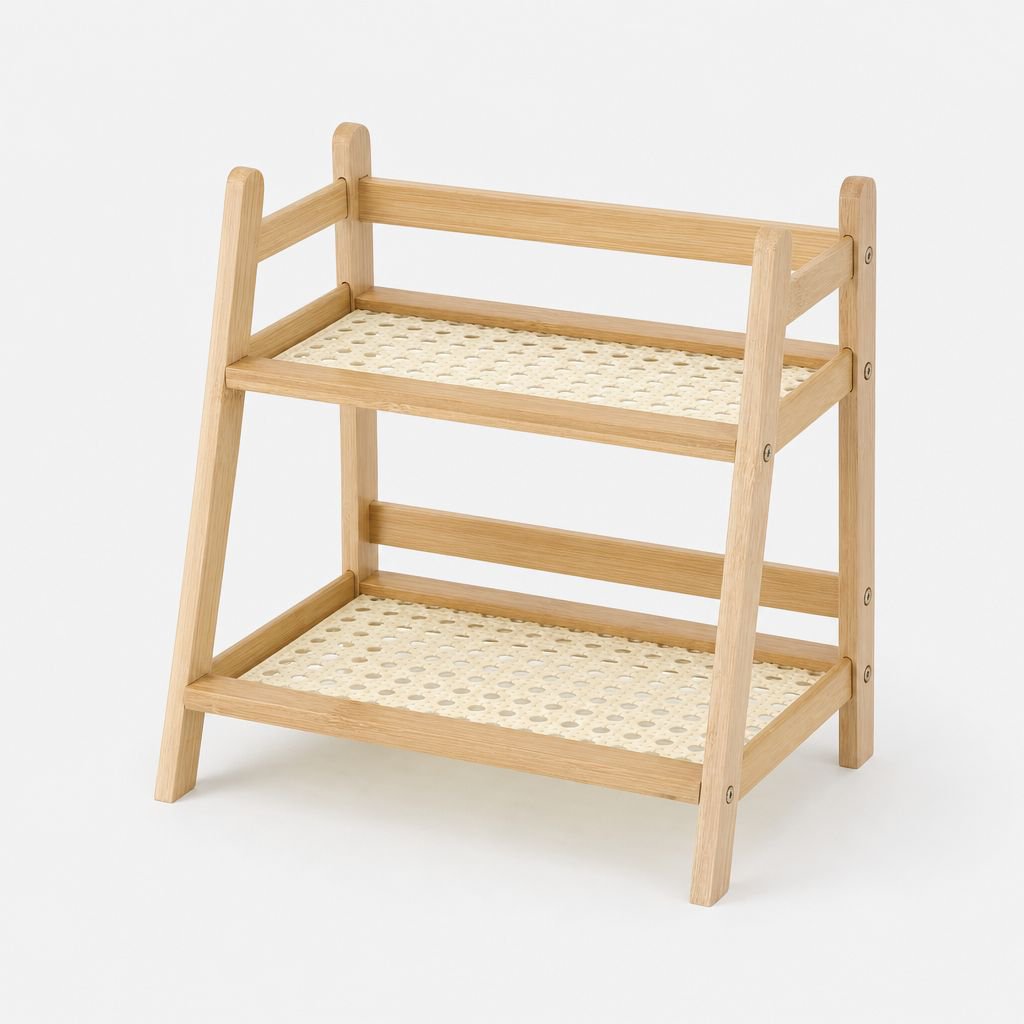 Cream-colored multifunctional bedside shelf, rattan style, suitable for home kitchen