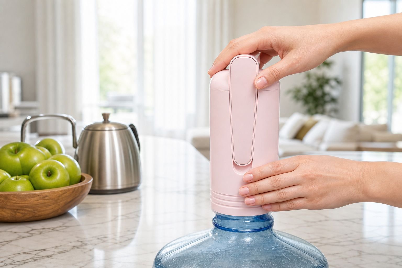 Family using household water dispenser for daily hydration