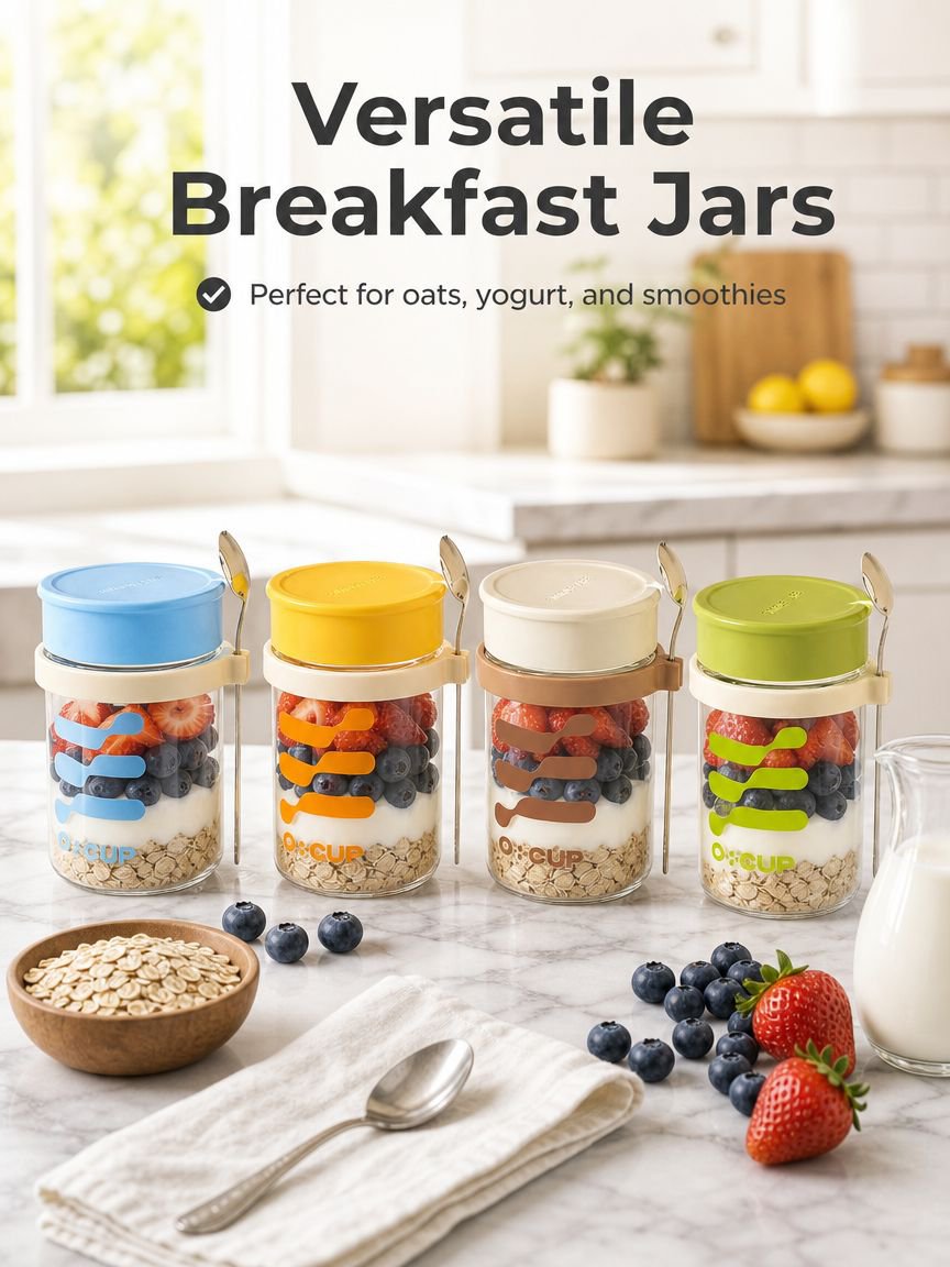 Breakfast cup, oatmeal cup, airtight glass jar with lid and spoon, portable milkshake, yogurt, grano