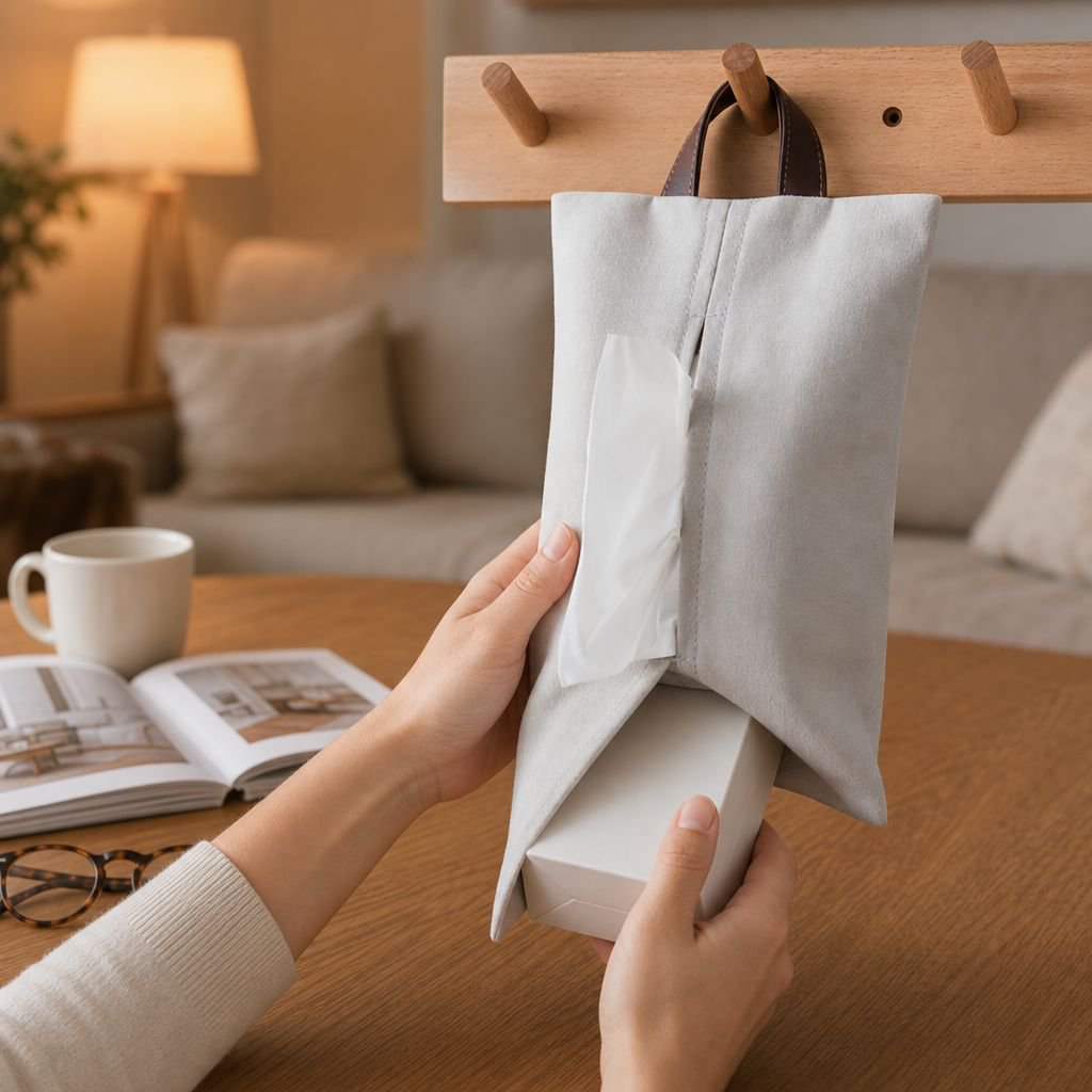 Space-saving tissue holder installed in a bathroom