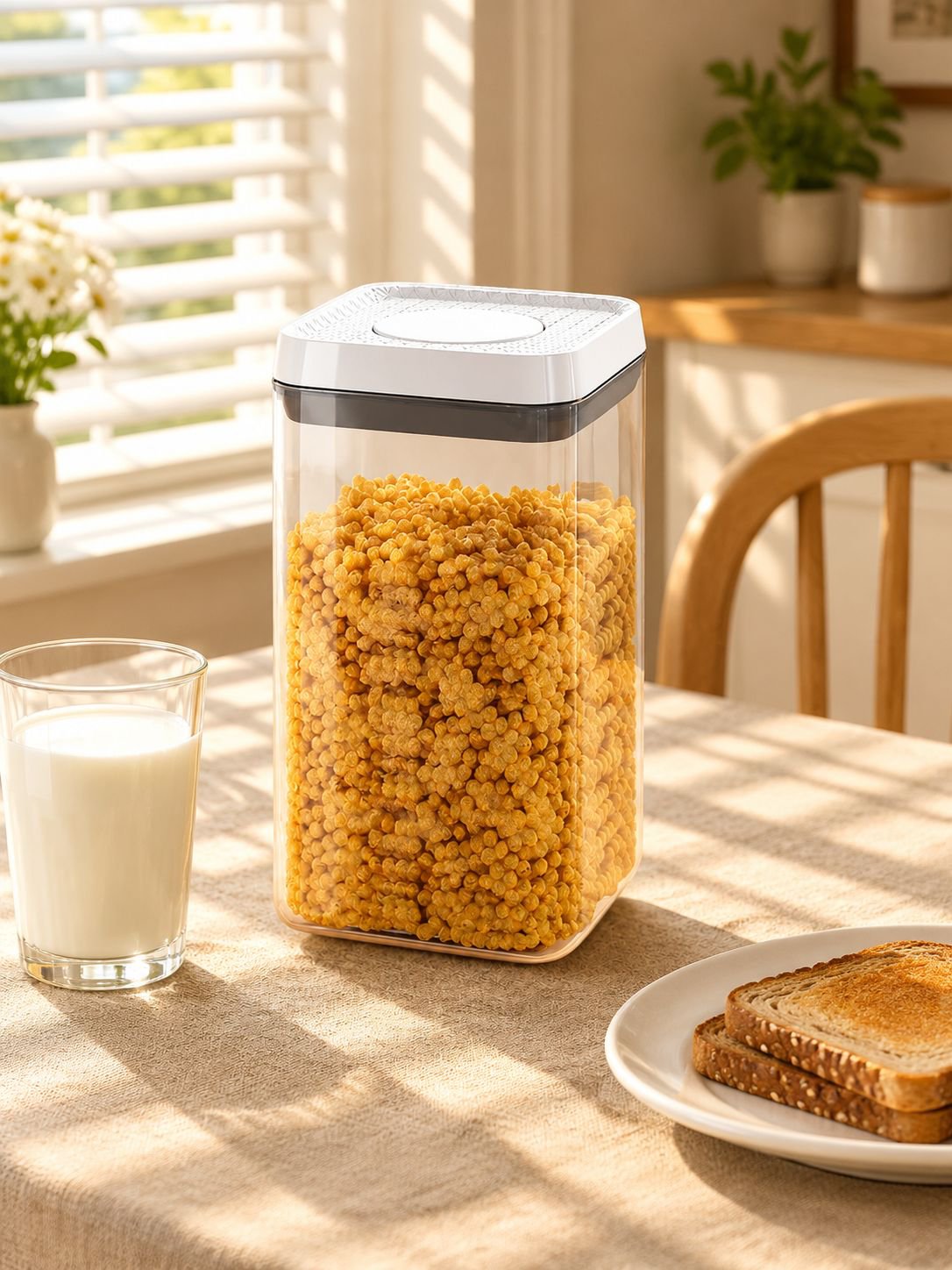 Lifestyle image of press-type sealing containers used in a modern kitchen.
