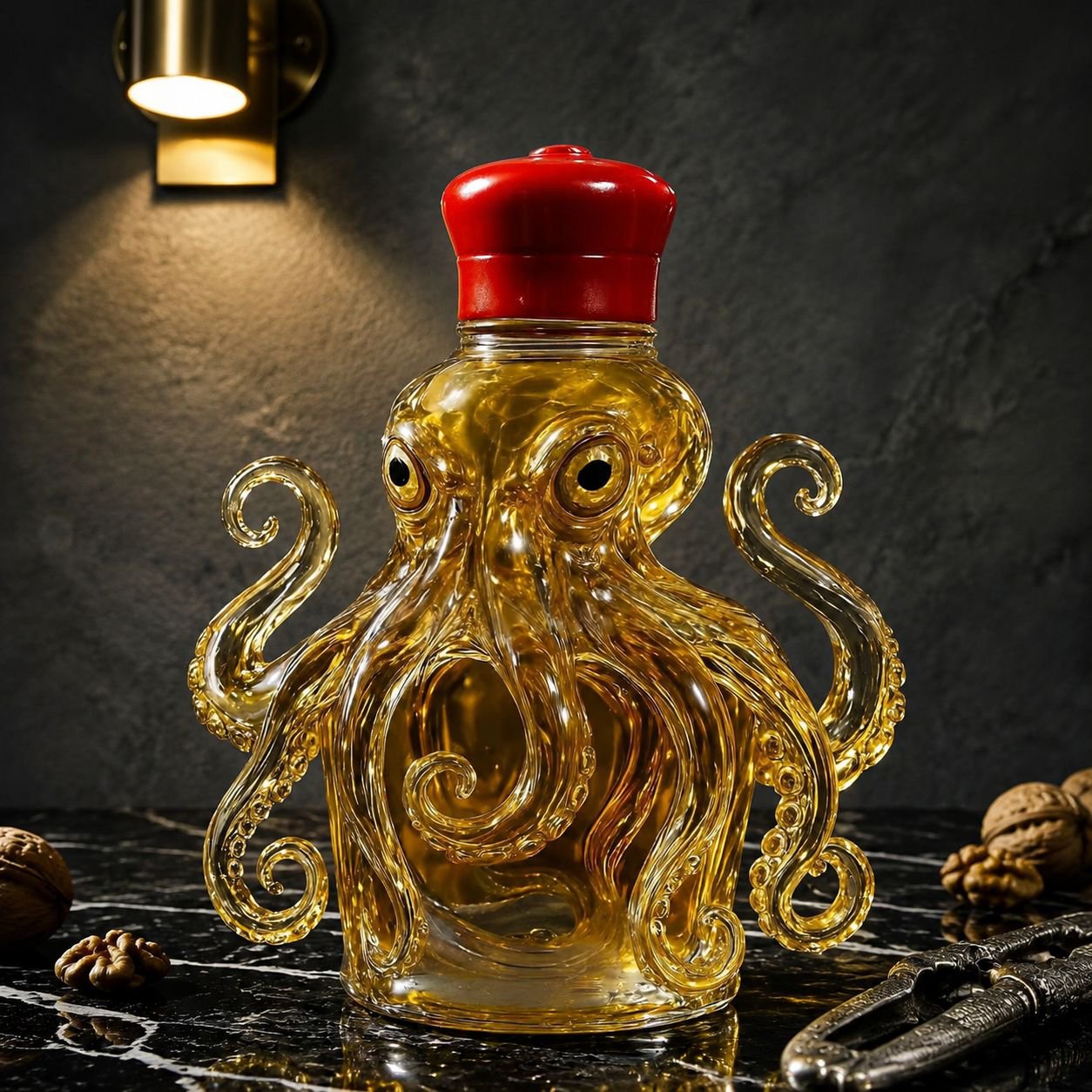 Elegant glass whiskey bottle featuring octopus artwork