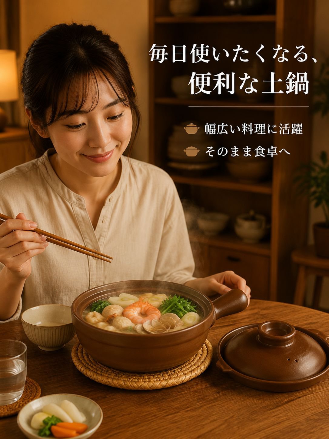家庭用の取っ手付きミニ土鍋。米麺、鍋料理、各種スープにおすすめ。