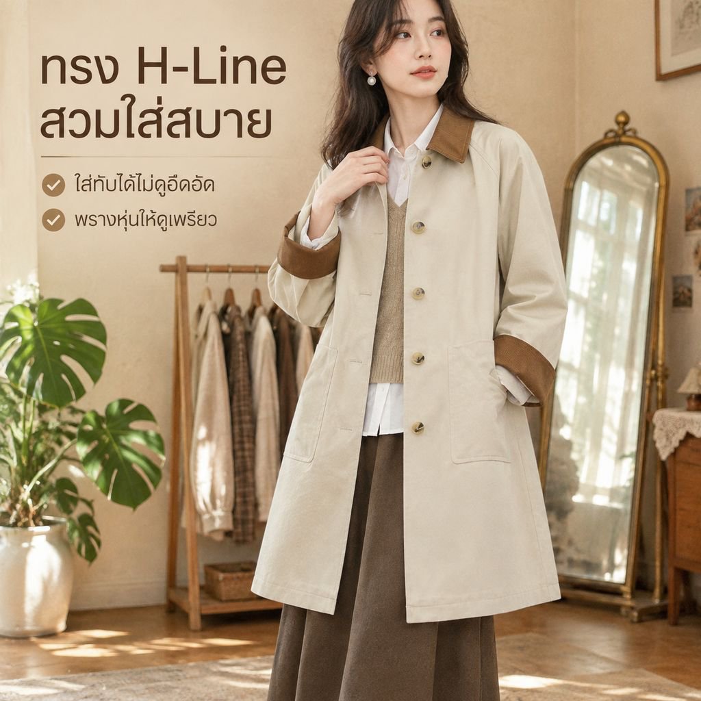 เสื้อโค้ทยาวผู้หญิง สีคากี สไตล์ญี่ปุ่น สำหรับฤดูใบไม้ผลิและใบไม้ร่วง