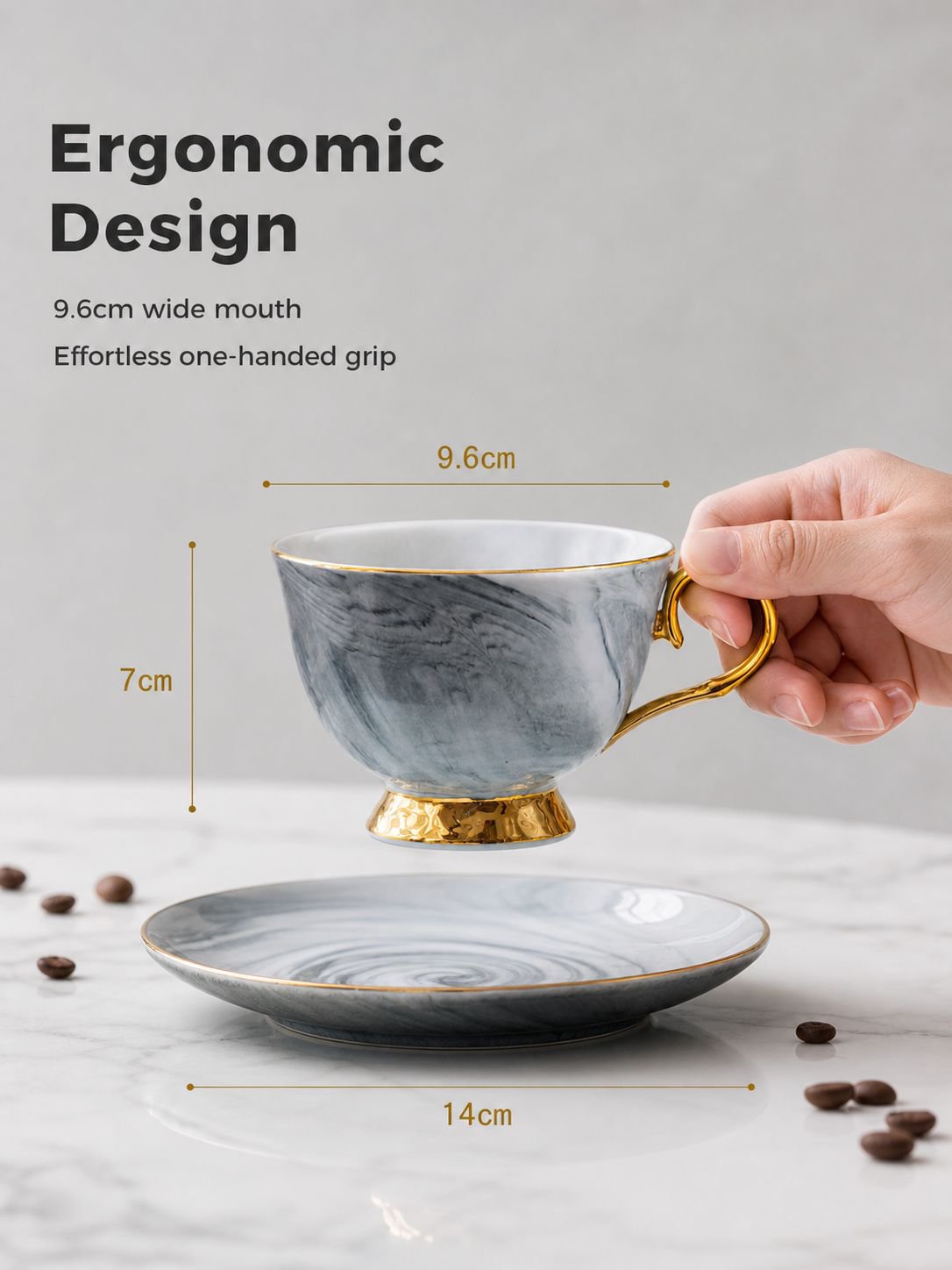 Set of marble design ceramic cups and saucers