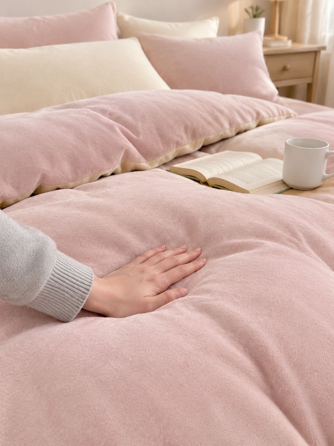 Sábanas de felpa color neutro en dormitorio moderno