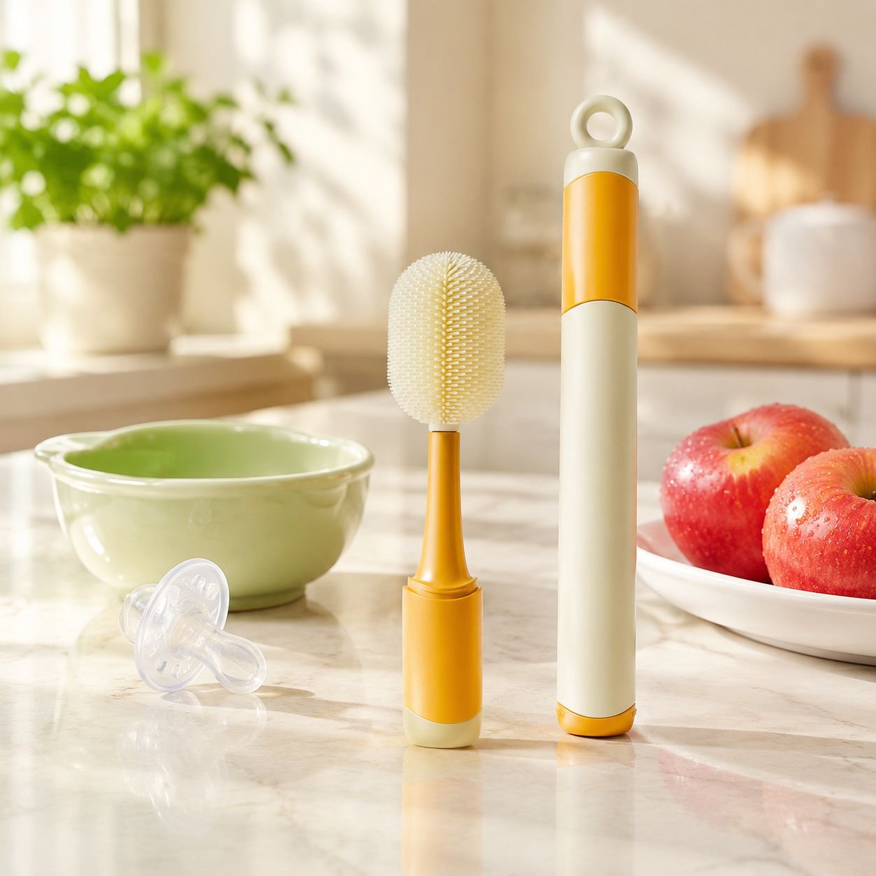 Efficient cleaning brush for narrow neck bottles