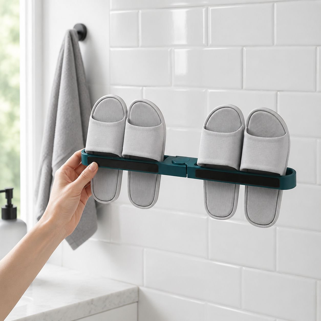 Multiple pairs of slippers neatly stored on wall-mounted organizer