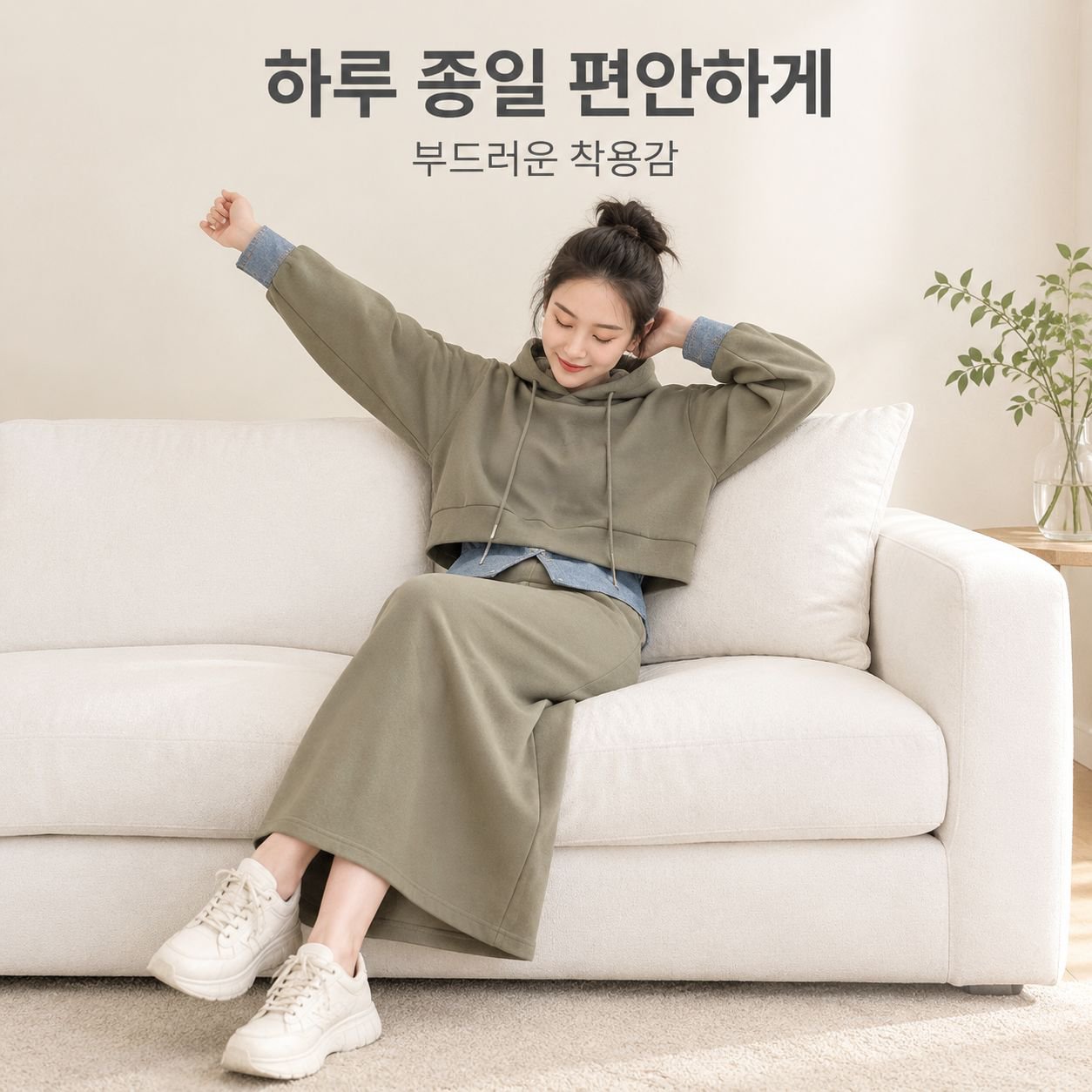 빅사이즈 여성 가을 후드 세트패션 트렌디한 날씬해 보이는 미디스커트 투피스