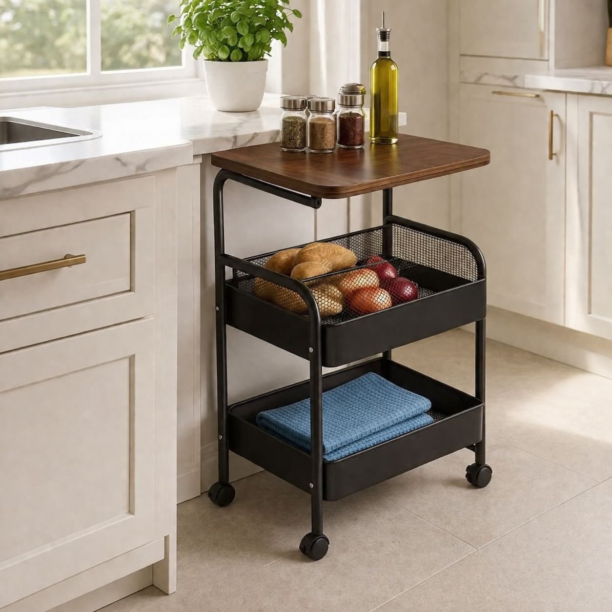 Stain-resistant storage cart with multiple shelves