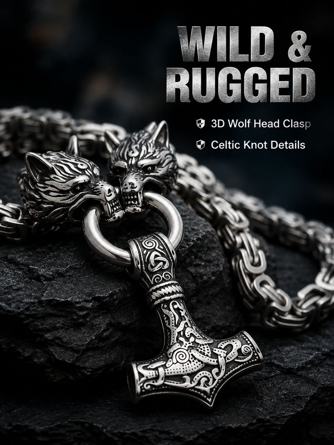 1pc Men's Vintage Nordic Viking Wolf Head Steel Chain And Hammer Pendant Necklace