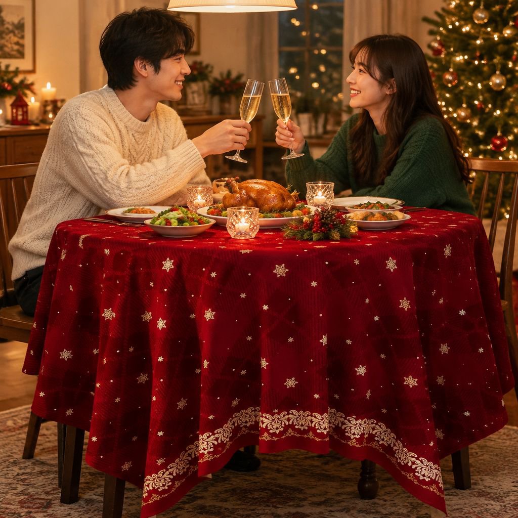 クリスマスムードを演出する赤いテーブルクロスのディテール