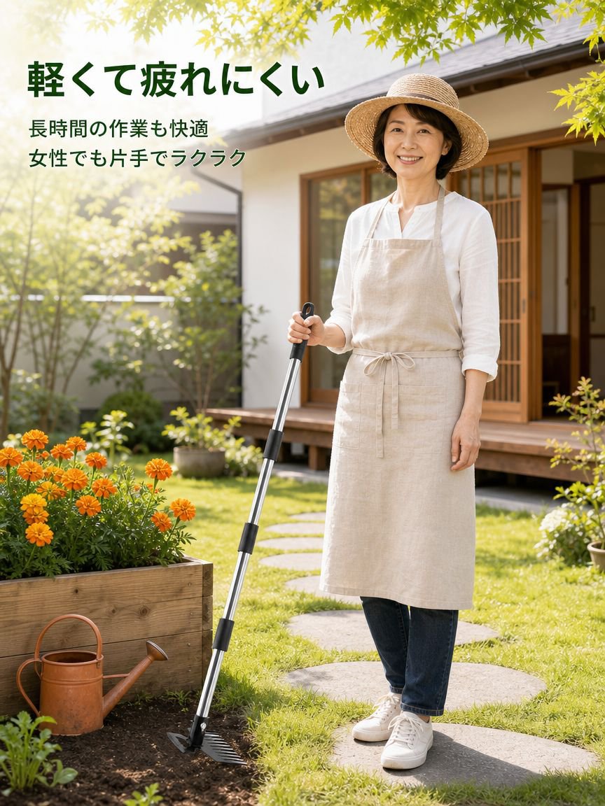 土をほぐしたり、雑草を取り除いたり、ガーデニングをするための、両面使える万能鍬、除草熊手、家庭用園芸道具。