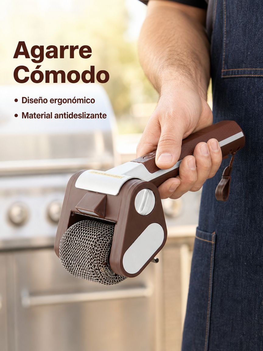 Cepillo limpiador de parrillas con rodillo de acero inoxidable