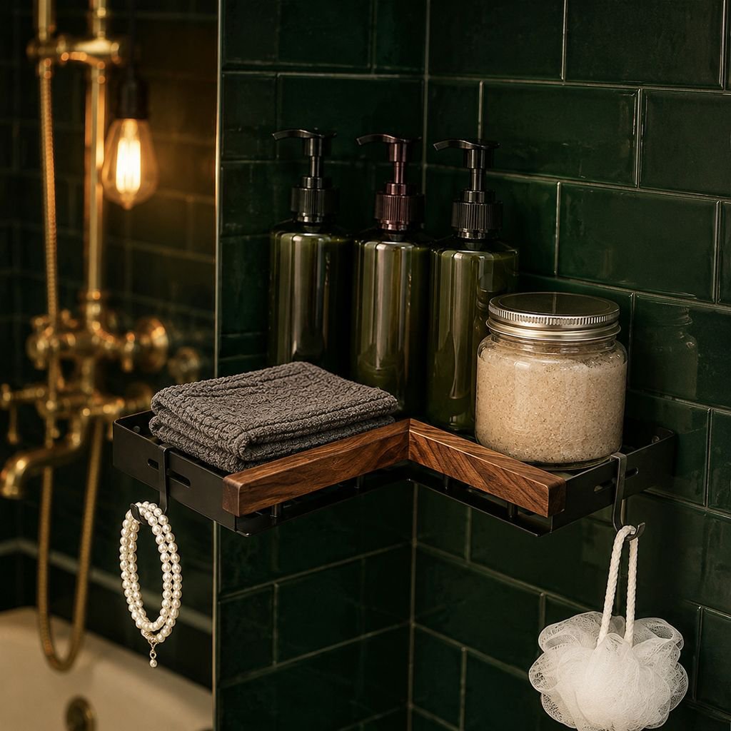 Natural wood wall shelf for bathroom toiletries