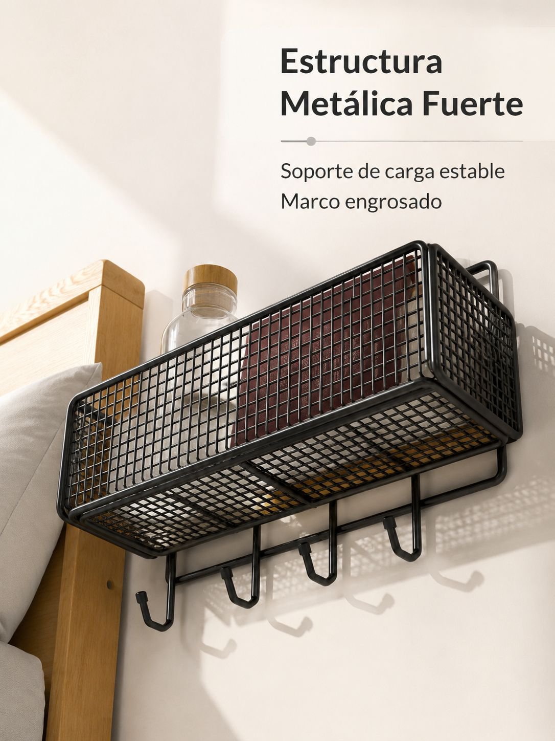 Vista frontal del organizador de cabecera, ideal para almacenar libros y accesorios