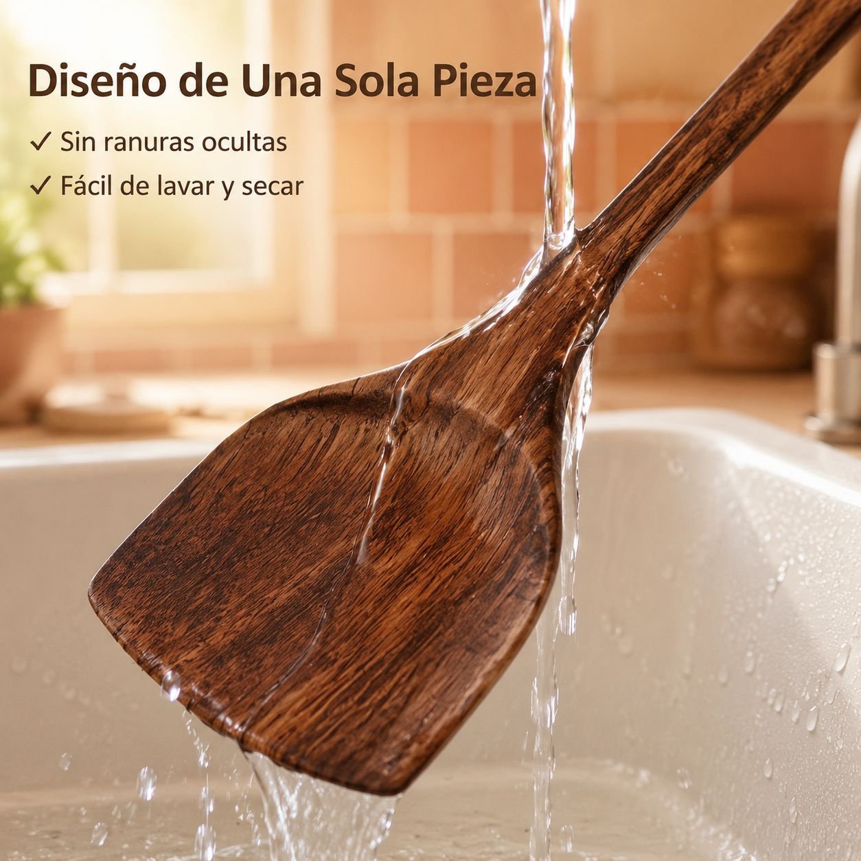 Espátula de madera de haya para cocinar en la cocina.