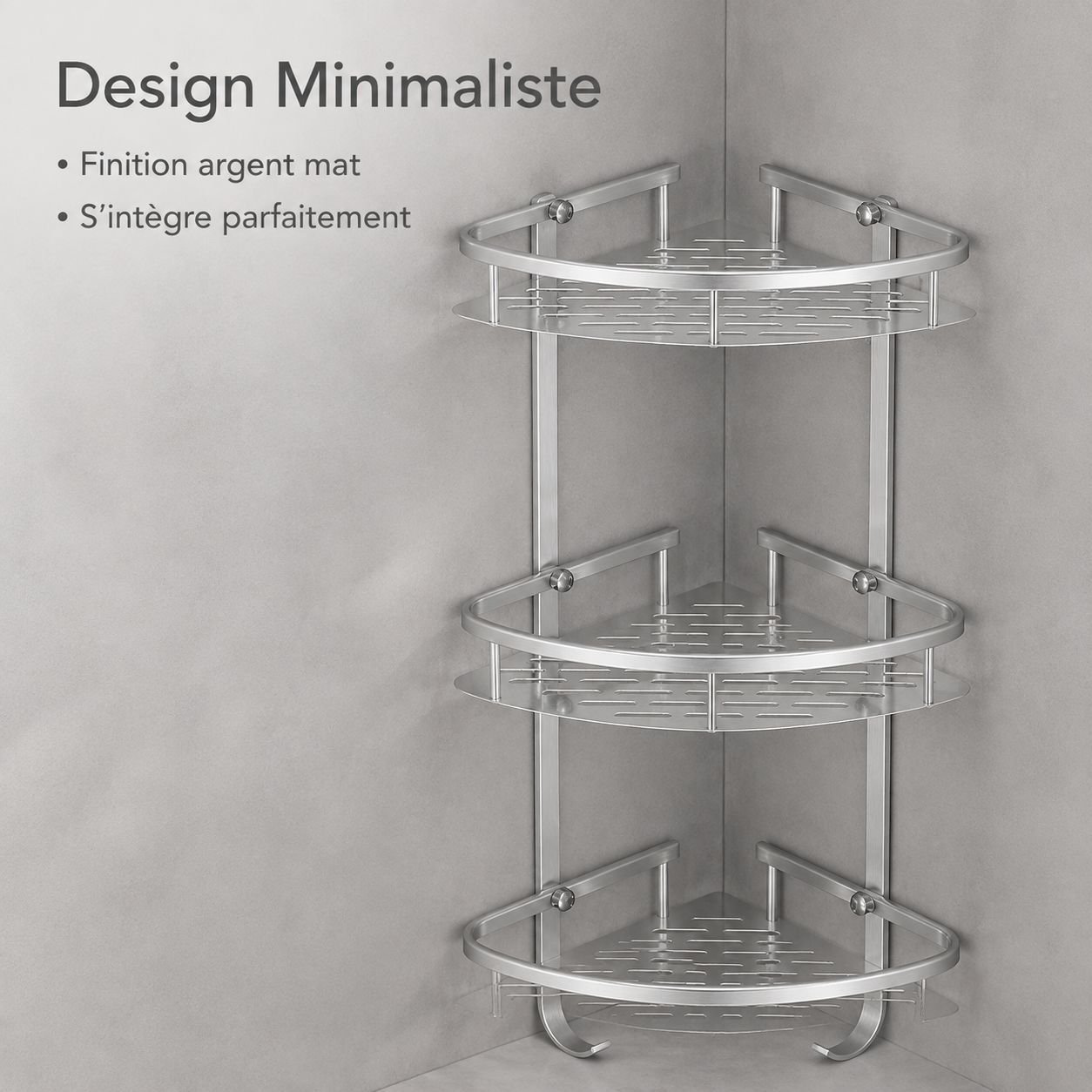 Étagère d’angle de salle de bain à trois niveaux en aluminium sans perçage