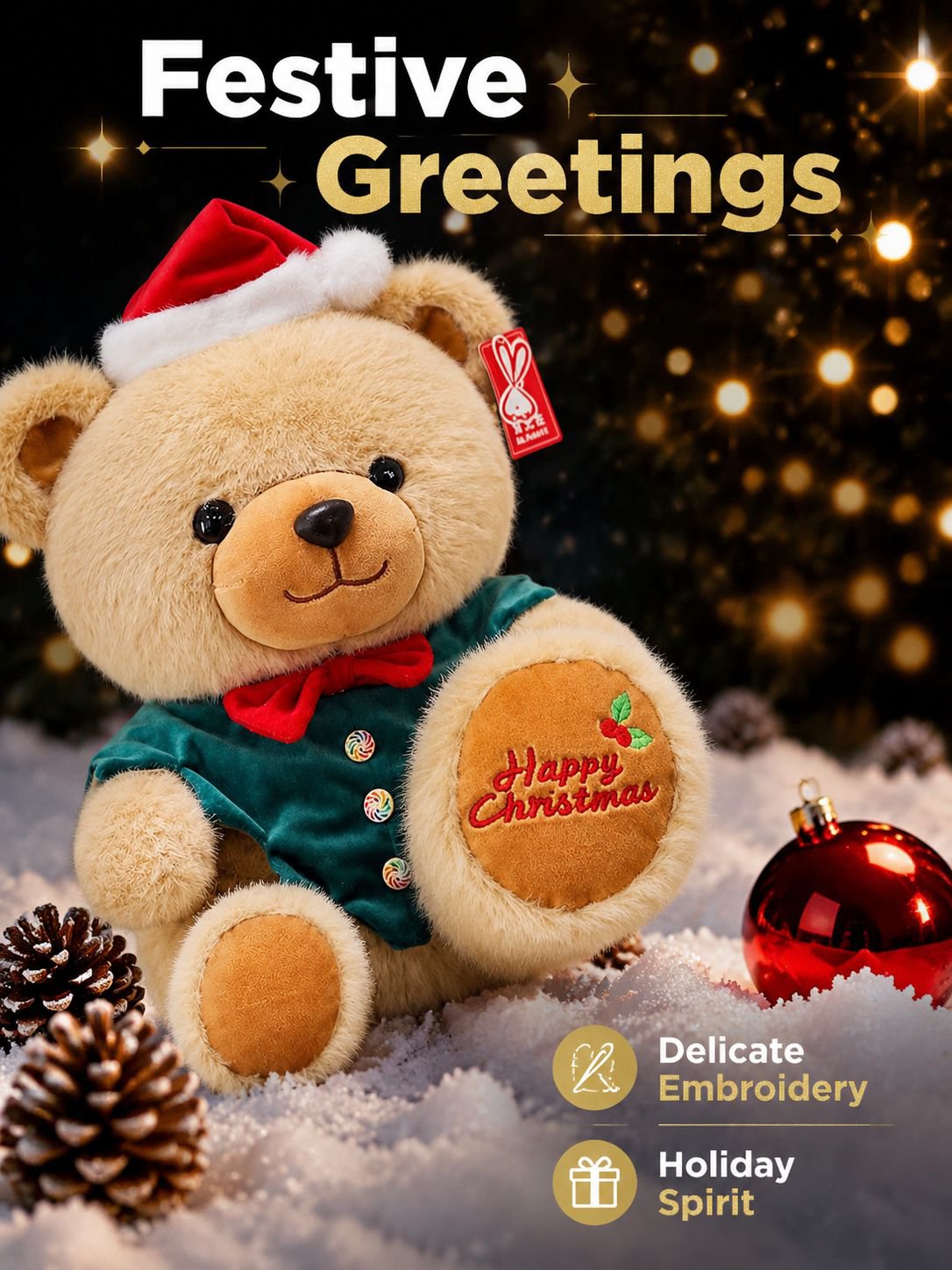 Cute Cartoon Christmas Bear Plush Toy, Soft and Adorable