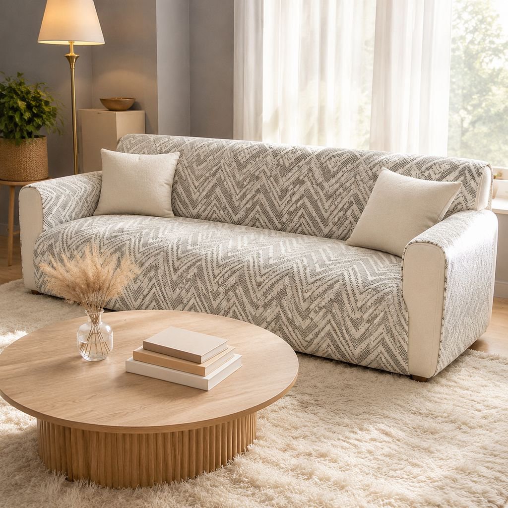 Full-cover striped sofa cover on modern living room sofa