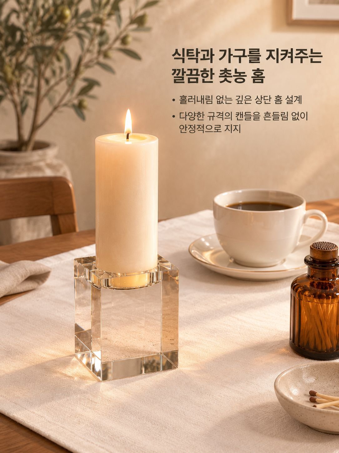 디너 식탁 위에 연출한 사각 캔들홀더