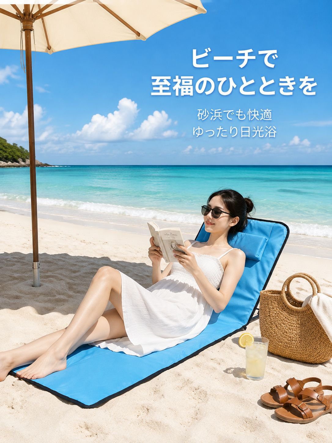 屋外用ポータブル折りたたみリクライニングチェア　ビーチマット付き