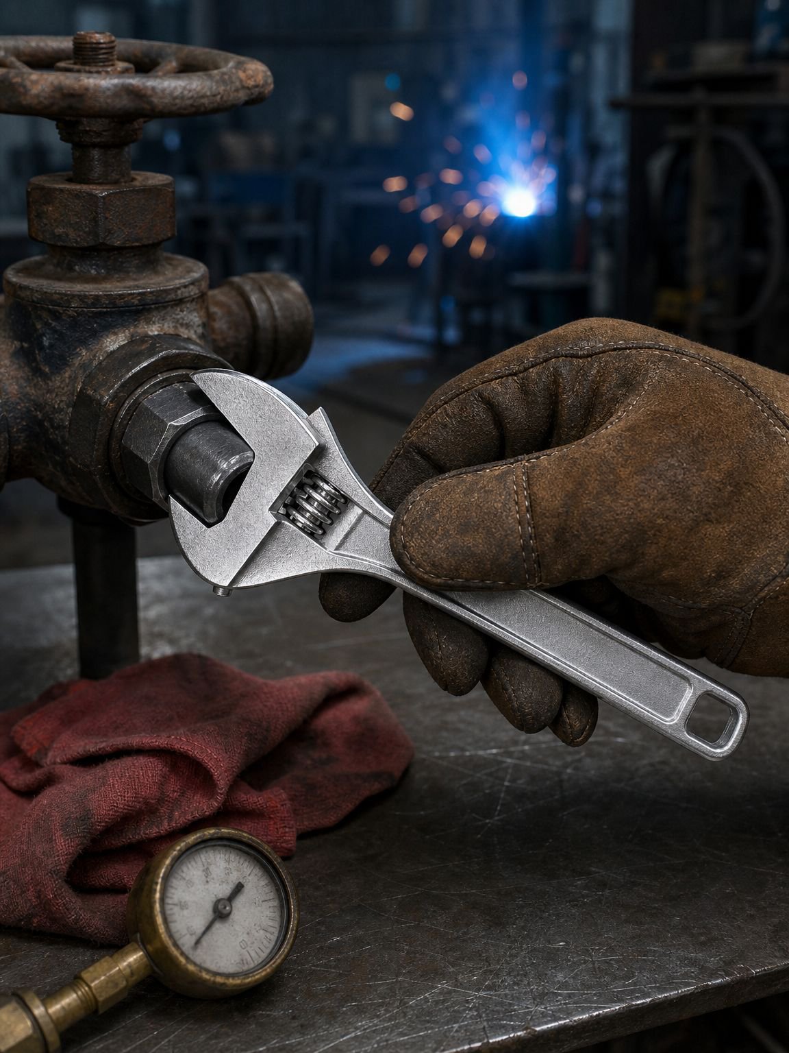 Open-end adjustable wrench in action tightening bolt