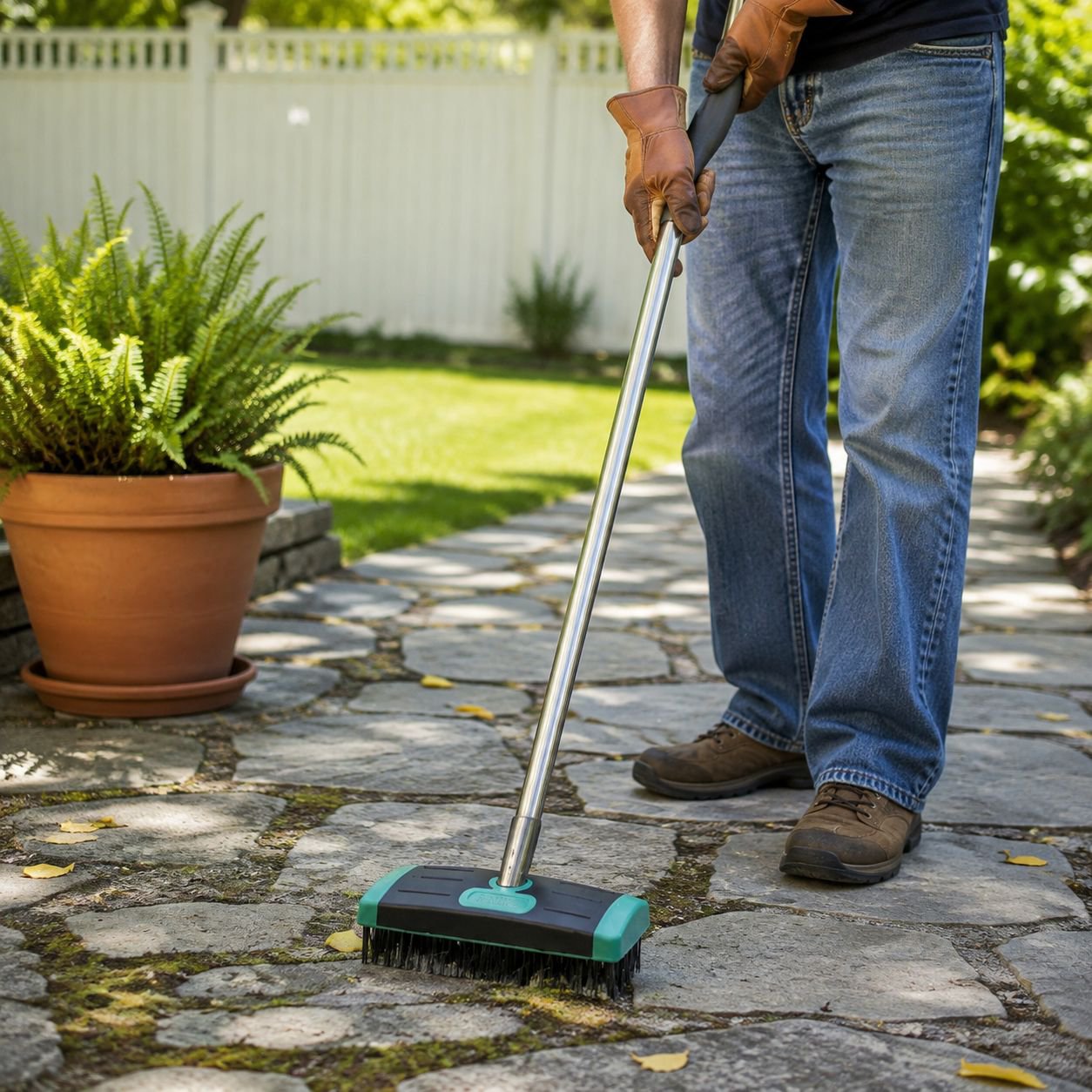 Cepillo de acero inoxidable para eliminar musgo – Limpieza profesional de patios