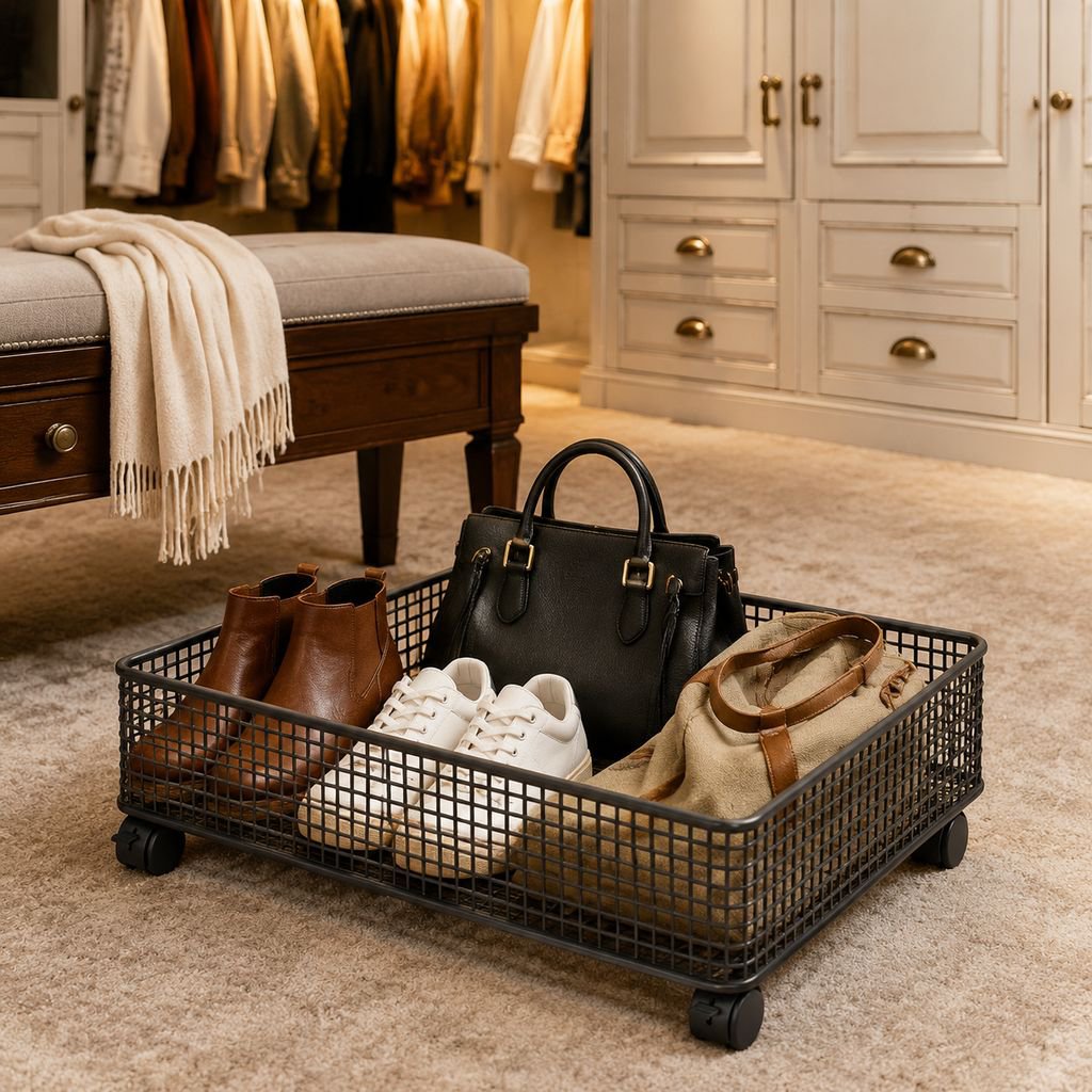 Bedroom organization with iron under bed box