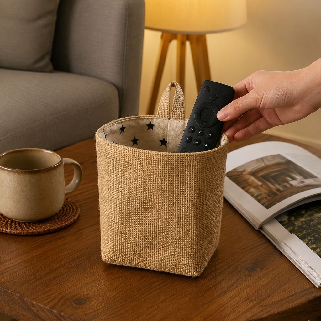 Cotton and linen storage hanging bags for hanging behind doors, on walls, and on desktops; jute stor