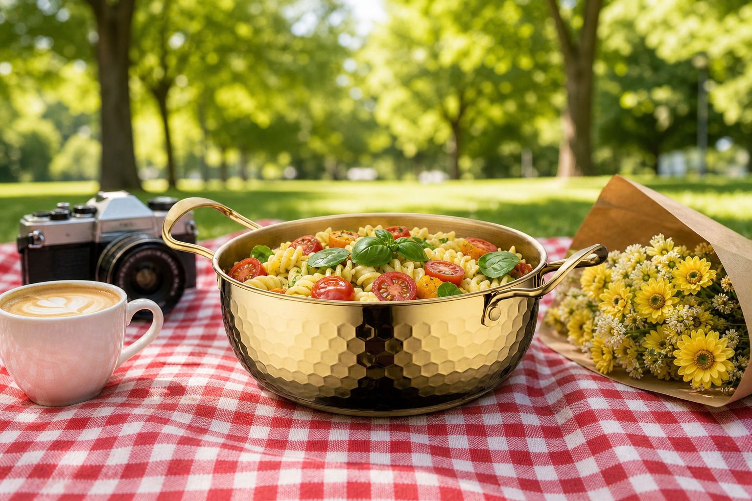 Golden noodle pot and frying pan combo for cooking