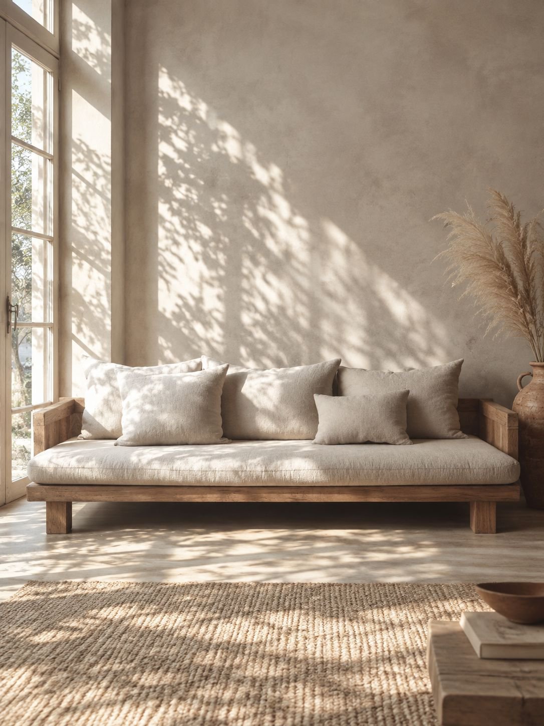 Fauteuil canapé trois places minimaliste en bois massif wabi-sabi