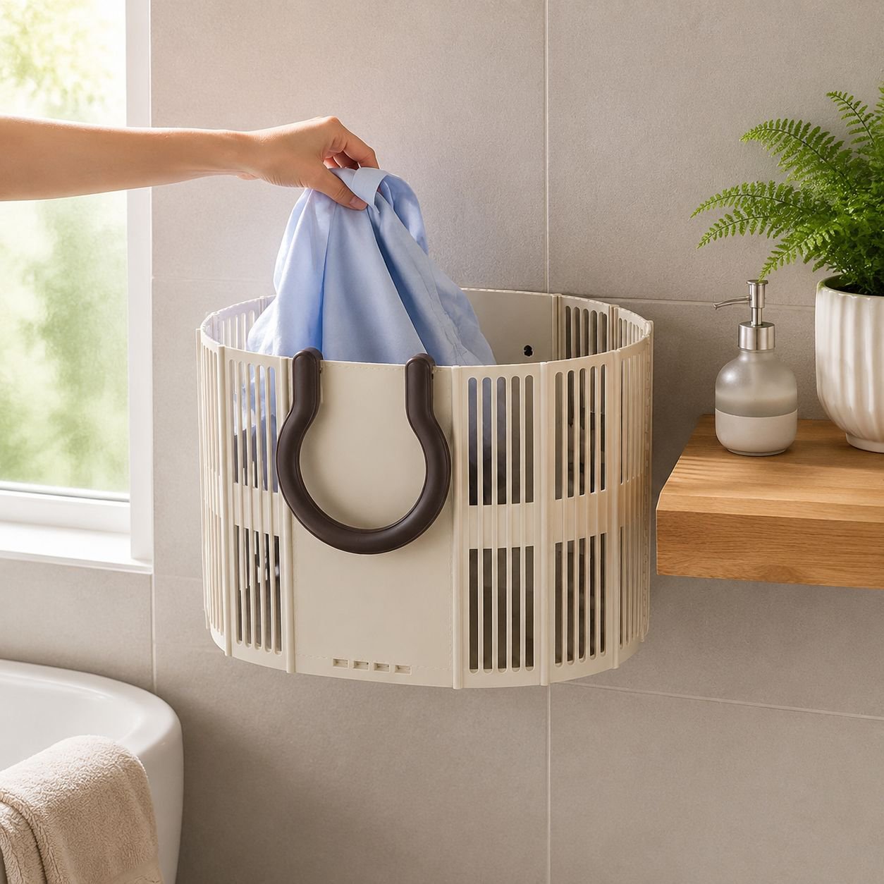 Cesto portátil de ropa sucia con asa multifuncional en dormitorio