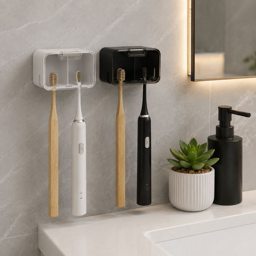 Family using wall-mounted toothbrush storage box in bathroom