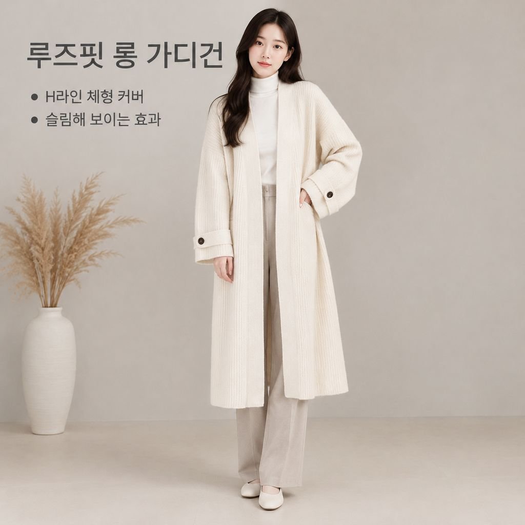 여성 가을겨울 V넥 루즈핏 미디 롱 니트 가디건 스웨터 아우터