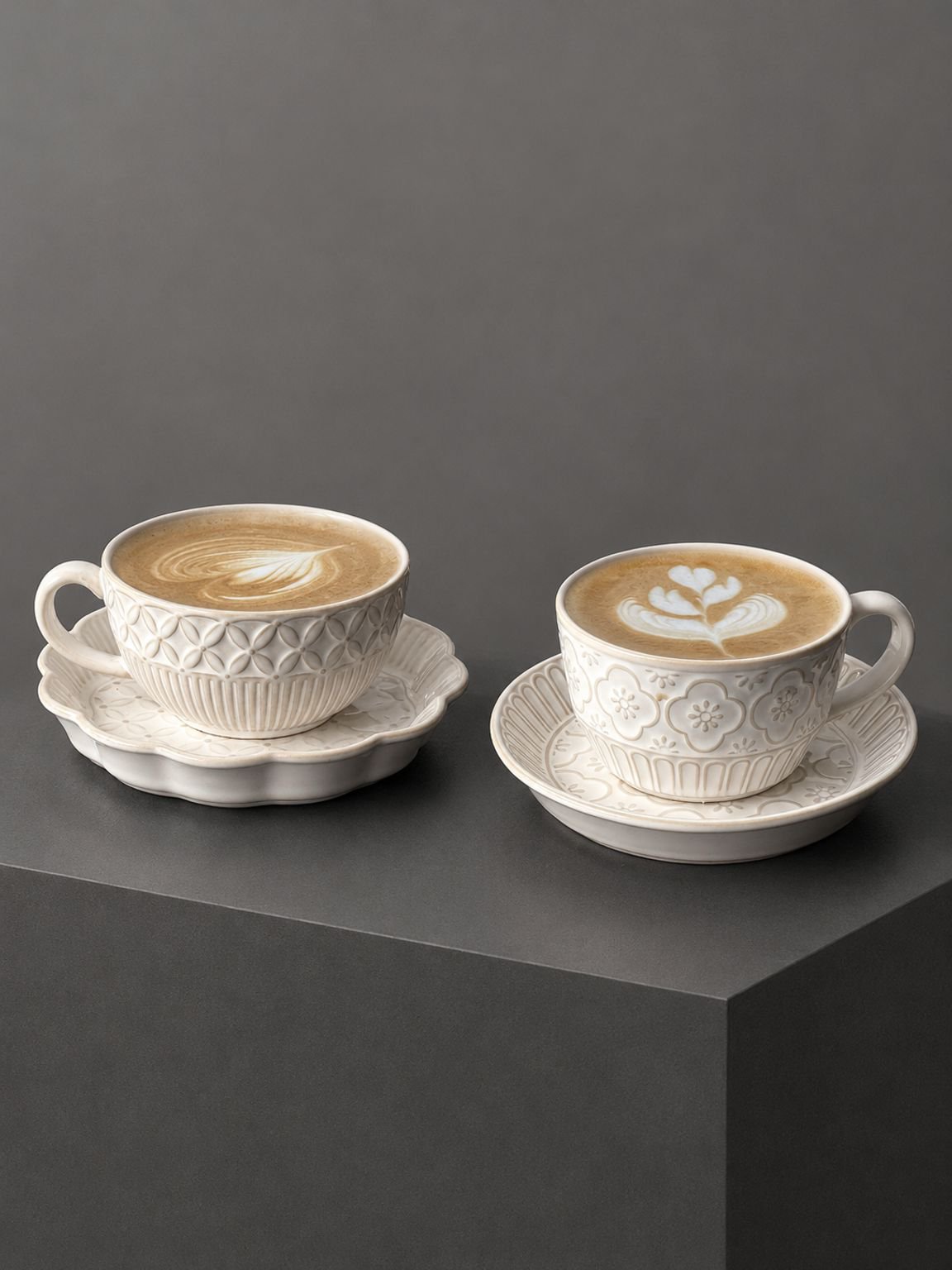French-style embossed coffee cup and saucer set with elegant porcelain finish